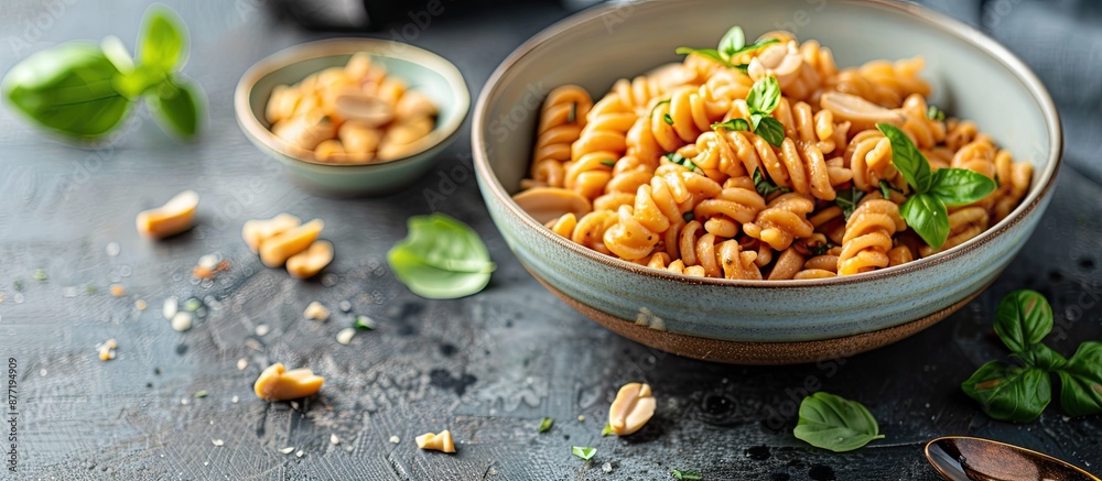 Fototapete top view of a small bowl filled with creamy peanut pasta placed on a table background with copy spac