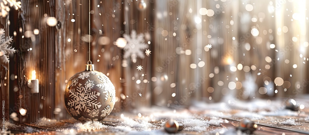 Poster Wooden background with snowflakes features a Christmas ornament and a greeting card for Merry Christmas and Happy New Year including space for text in the image. with copy space image