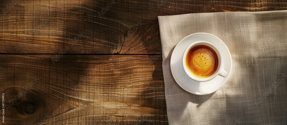 Poster bird s eye view of a fresh espresso cup on a table with a spacious copy space image