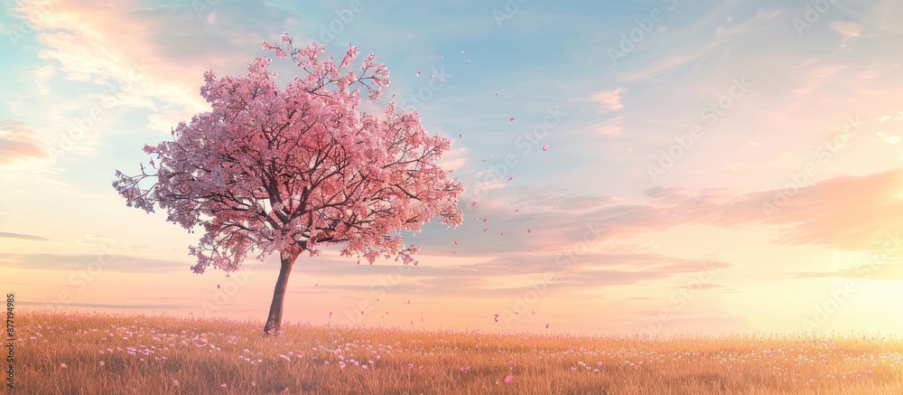 Poster In spring a tree showing off pink blossom with a serene beauty against a backdrop of a clear blue sky in a nature themed copy space image