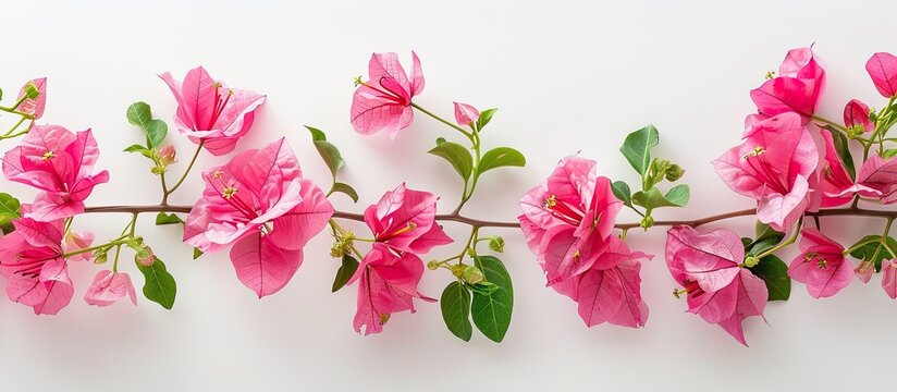 Pink bougainvillea flowers on a blank white backdrop creating a copy space image