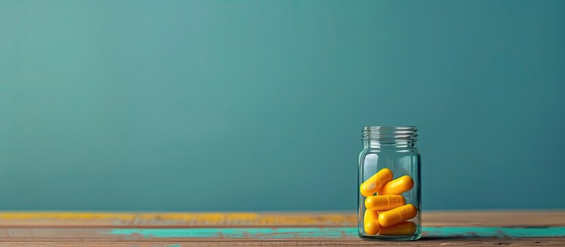 A yellow pill stands alone in a jar symbolizing healing balancing its advantages and drawbacks in its effect as shown in the copy space image