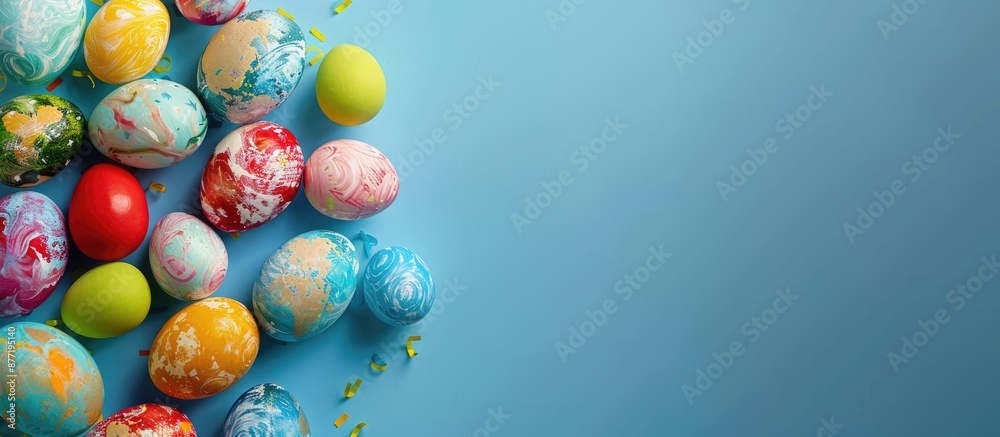 Leinwandbilder colorful easter eggs resembling earth on a blue paper backdrop with copy space image for an easter m
