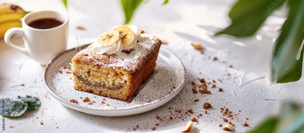 Poster enjoying a delectable slice of banana cake in the morning a delightful treat with a cup of coffee ag