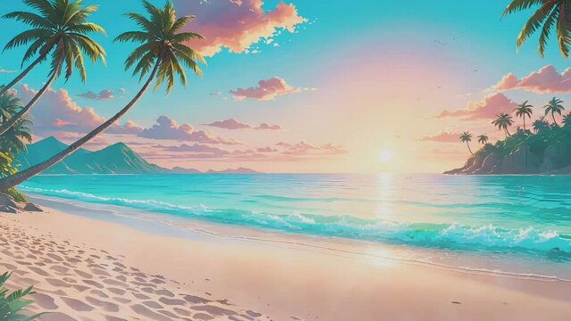 The beach view is very beautiful at sunrise, anime style 