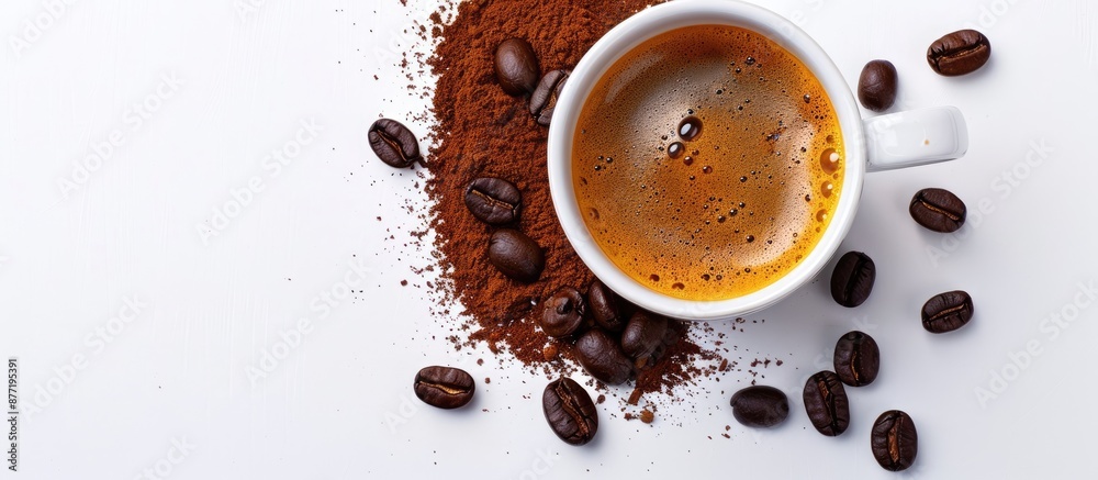 Poster Coffee elements like espresso coffee powder and beans placed around a cup of coffee creating a visually appealing copy space image against a white background