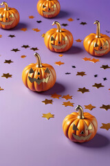 Cute festive Halloween pumpkin lanterns amidst colorful confetti and gold decor on a lilac background.