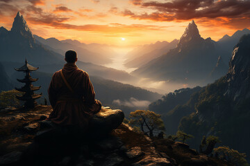 Obraz premium Created with generative AI image rear view of person finding inner peace meditating in mountains early morning