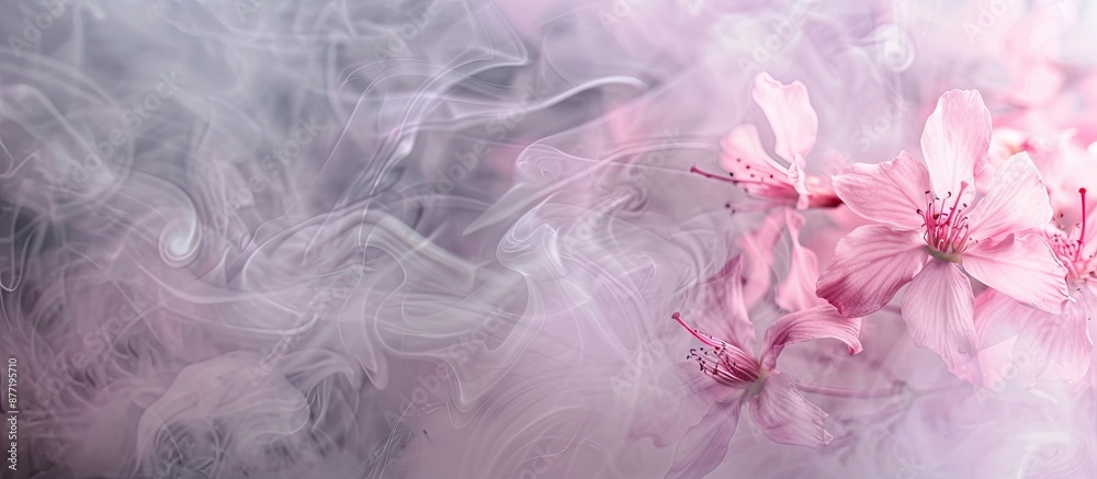 Poster pink flower petals in soft focus blending with foggy smoke in a horizontal natural background with c