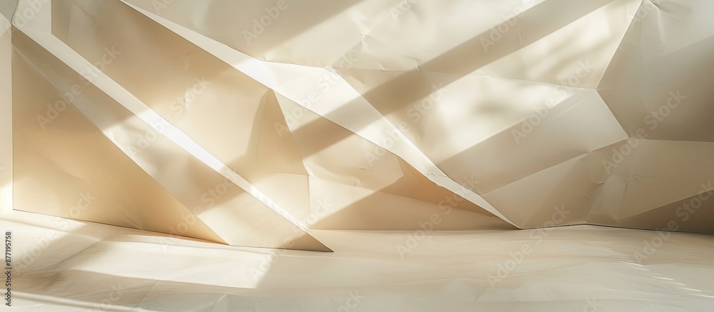 Poster Abstract folded paper with sharp sunlight shadows featuring geometric patterns and lines creates a minimalist backdrop for a flat lay composition with ample copy space image