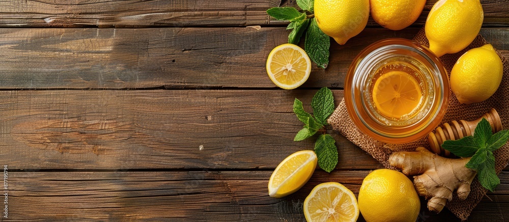 Poster top view of a jar filled with honey surrounded by fresh lemons ginger and mint on a wooden backgroun