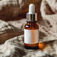 Naklejka premium Glass dropper bottle with pipette. Organic Bio Spa cosmetics, skin care. Liquid retinol rejuvenating essence. With a light brown cloth background.