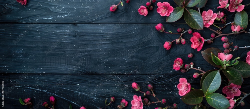Poster pink flowers and leaves creatively arranged on a black wooden background in a flat lay style emphasi