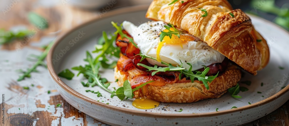 Poster breakfast plate featuring a croissant sandwich topped with a poached egg displayed in a copy space i