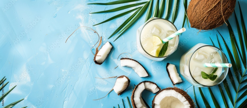 Poster white tropical cocktail made with coconut milk served in glasses with straws on a blue background ad