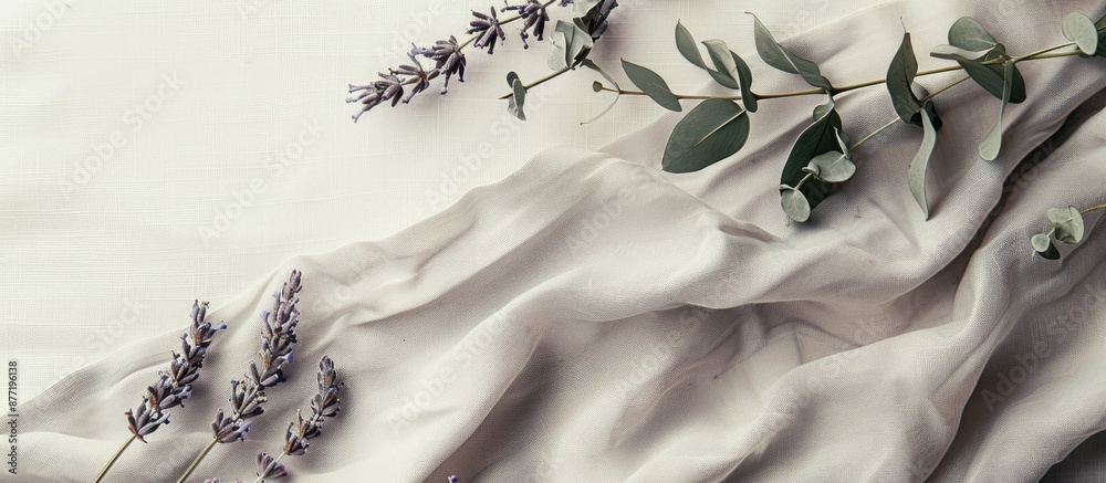 Poster mockup of a card with grey linen fabric adorned by dried lavender and eucalyptus flowers offering a 