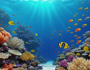 Vibrant Coral Reef Scene With Sunlight and Tropical Fish Generated AI