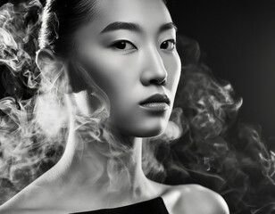 black and white a mysterious asian young woman portrait with smoke in the background