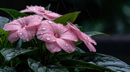 Rain-soaked pink flowers with droplets clinging to their petals, set against a lush green backdrop, creating a fresh and rejuvenated feeling synonymous with spring rains.