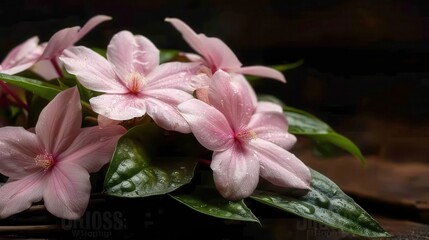 Close-up of delicate pink flowers adorned with tiny dewdrops, set against a background of lush green leaves, showcasing the beauty and freshness of nature after rainfall.