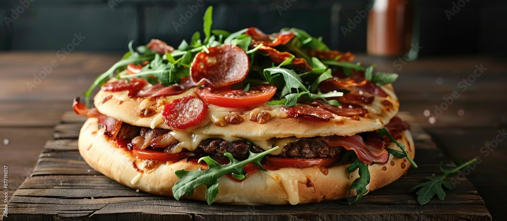 Poster a cheese pizza burger filled with tomatoes bacon pepperoni salami and arugula displayed in a copy sp