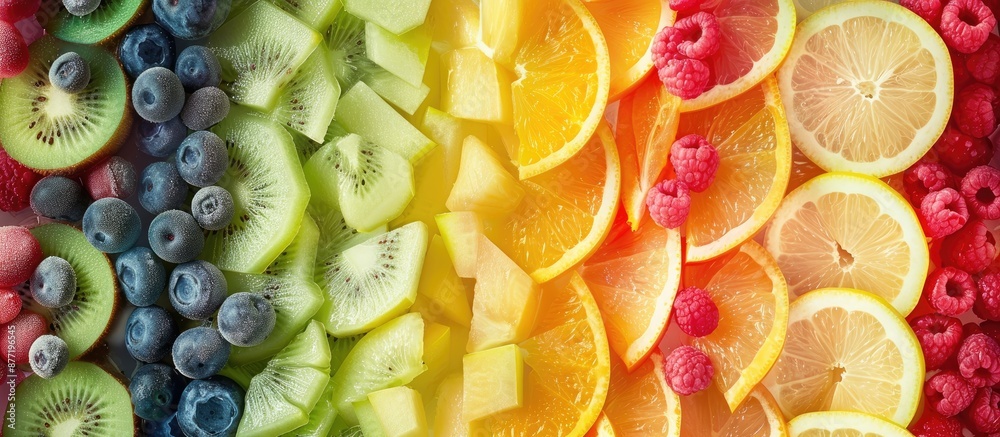 Poster colorful rainbow stripes made with mixed fruits and slices symbolizing healthy eating room for text 