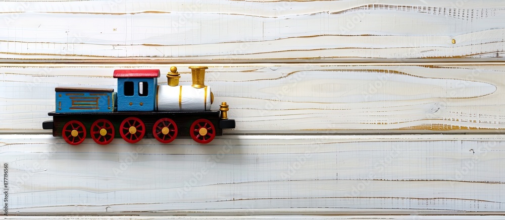 Poster toy train on white wooden background with copy space image for text seen from top down layout