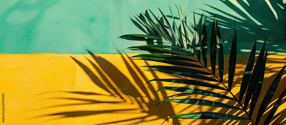 Poster Summer themed copy space image with palm leaf casting shadows on a yellow and green backdrop
