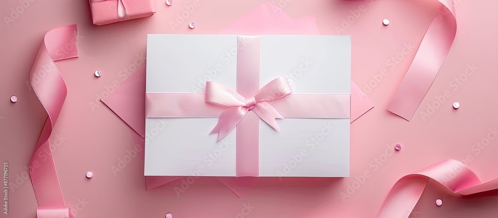 Aufkleber Top view of white blank greeting card on pink paper background with gift box bow and pink ribbon with polka dots creating a copy space image