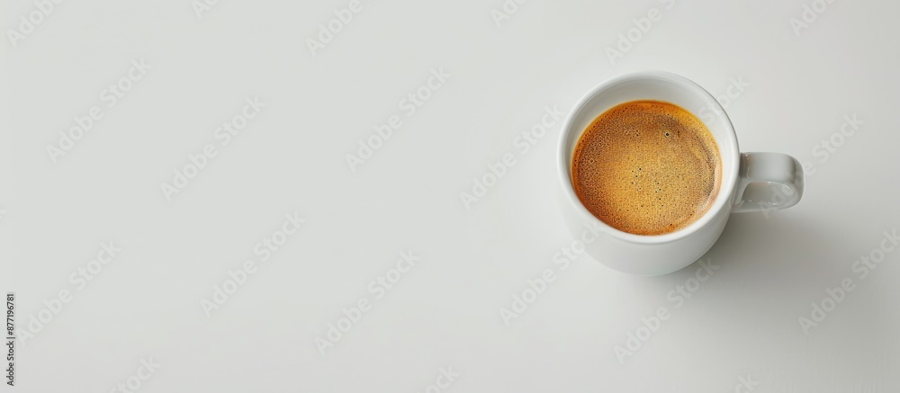 Poster coffee cup placed on a blank white table with ample empty space for additional elements in the frame