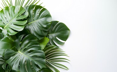 Tropical Monstera and Palm Leaves Arrangement on a White Background