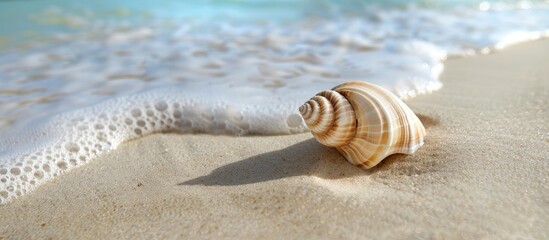 Sandy beach with a white seashell creating a summer marine copy space image