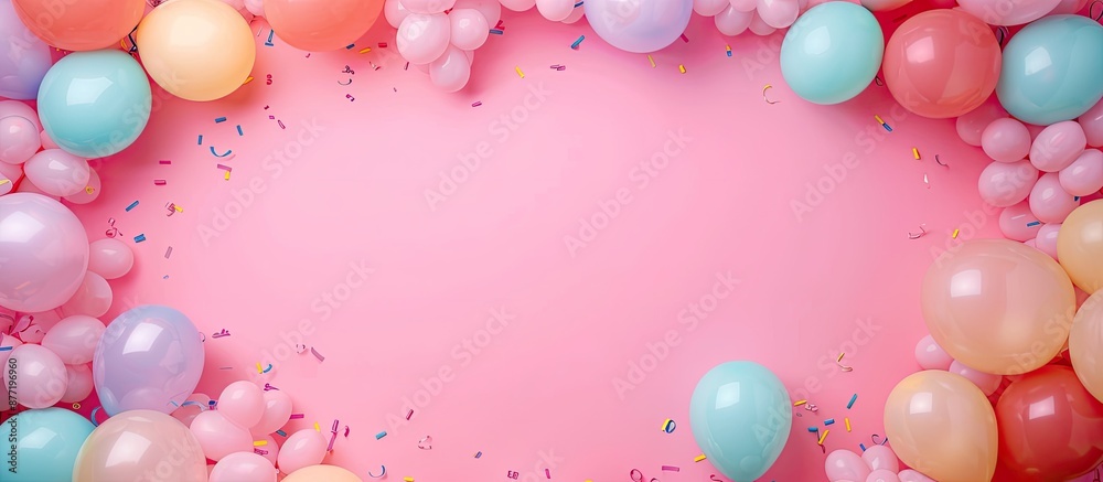 Poster party themed frame with balloons on a pink backdrop ideal for a copy space image
