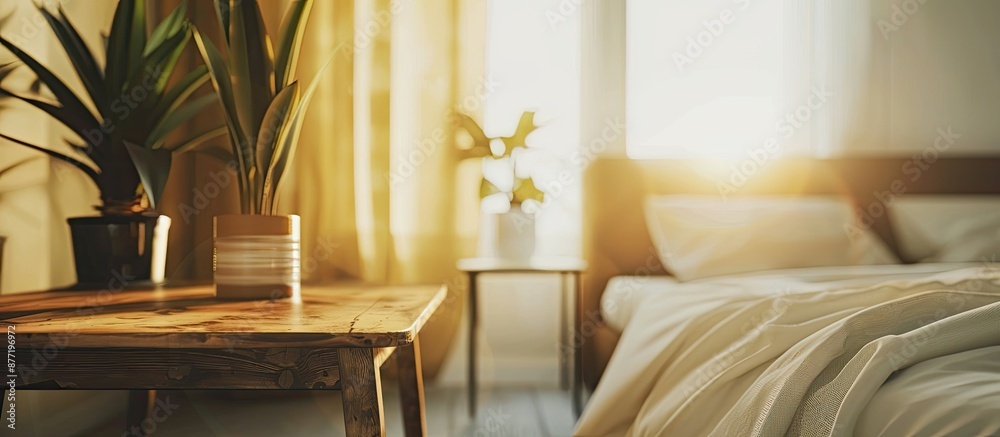 Poster blurry bedroom background with a table top ideal for showcasing a copy space image