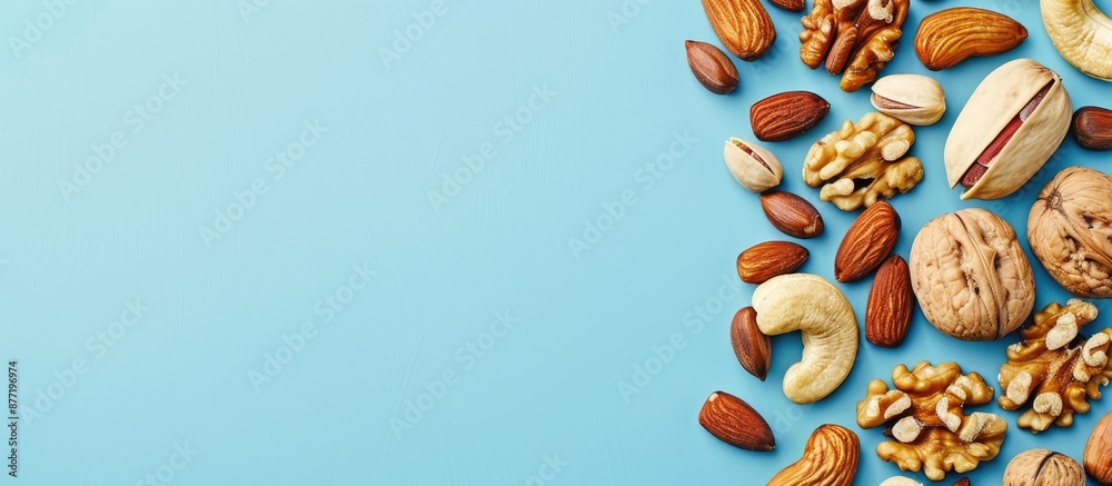 Leinwandbilder a variety of tasty nuts on a bright blue backdrop top down view room for adding text within the copy
