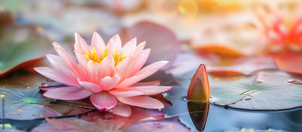 Poster a stunning pink lotus with copy space image set against a backdrop of pink lotus flowers and a yello