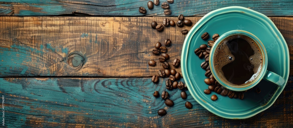 Fototapete Top down view of a coffee cup beans on a vintage table with space for text or image insertion. with copy space image. Place for adding text or design
