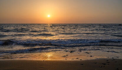 Fototapeta premium Big sun and sea sunset background. Nature composition.