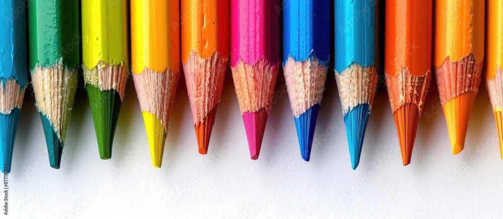 Poster colorful pencils with a variety of hues displayed on a white background in a close up copy space ima