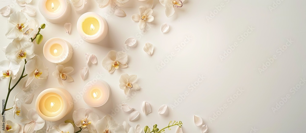 Fototapete create a soothing spa ambiance for a massage with candles orchids and a white backdrop in this top d