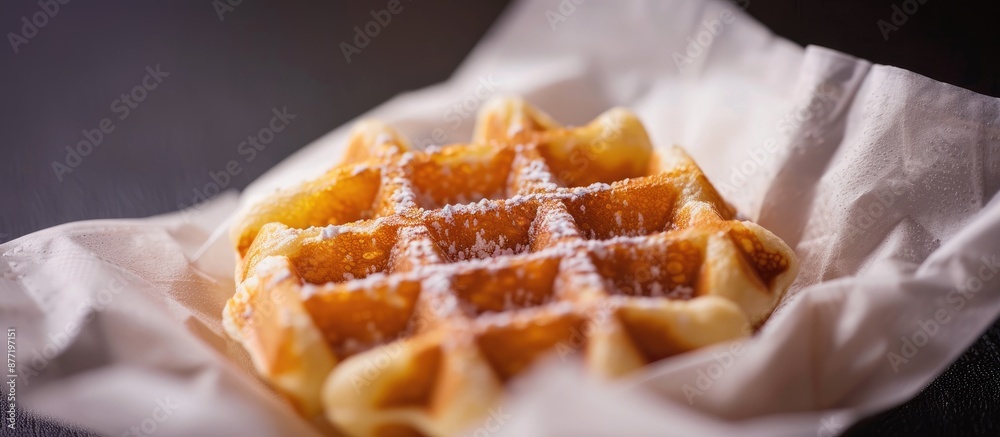 Poster close up of a small waffle in a white paper bag with copy space image