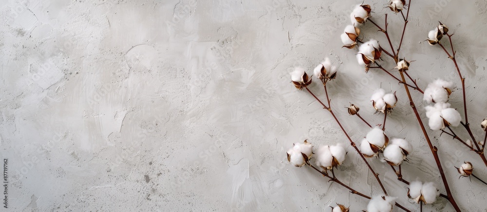 Poster a cotton flower branch is showcased on a soft grey wall from above creating a mockup with copy space