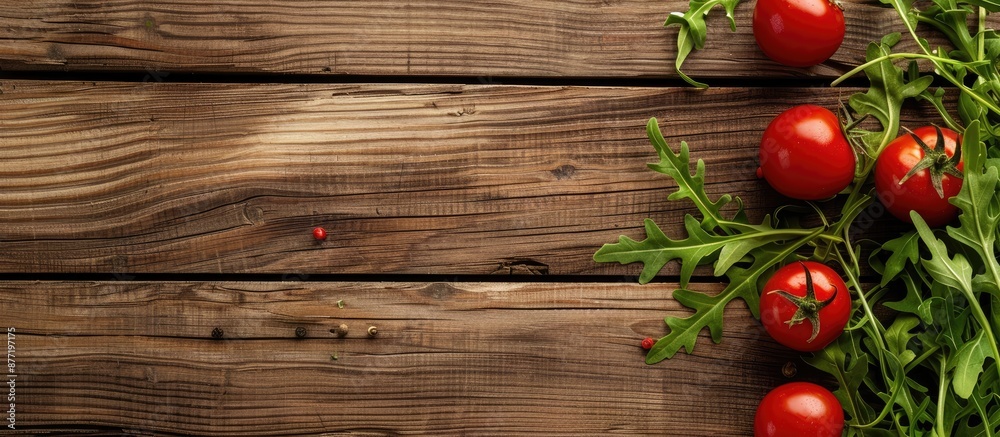 Leinwandbilder wooden background with tomatoes and arugula creating a pleasing composition in a copy space image