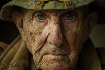 Elderly military veteran wearing a weathered hat looks intensely into the camera, showing deep wrinkles and a thoughtful expression, reflecting on a life of service and wisdom