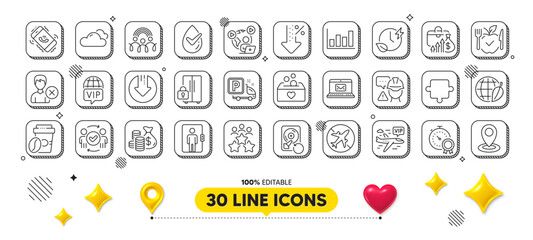 Vegetarian food, Business meeting and Coins bag line icons pack. 3d design elements. Salary, Donation, Report diagram web icon. E-mail, Cloudy weather, Call center pictogram. Vector