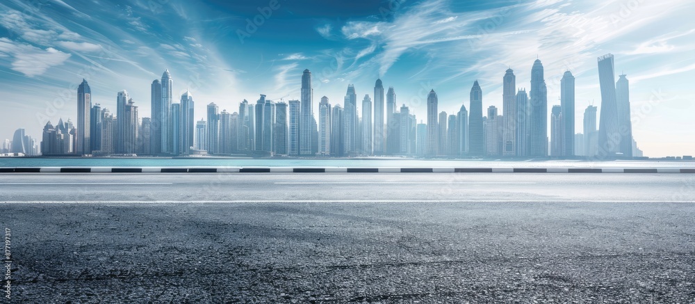 Poster panoramic cityscape seen along an empty road offers a captivating view with a vast copy space image