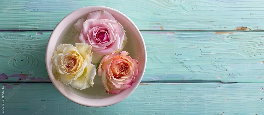 Aufkleber fresh roses in a bowl of water set against a soft pastel colored wood background ideal for copy spac