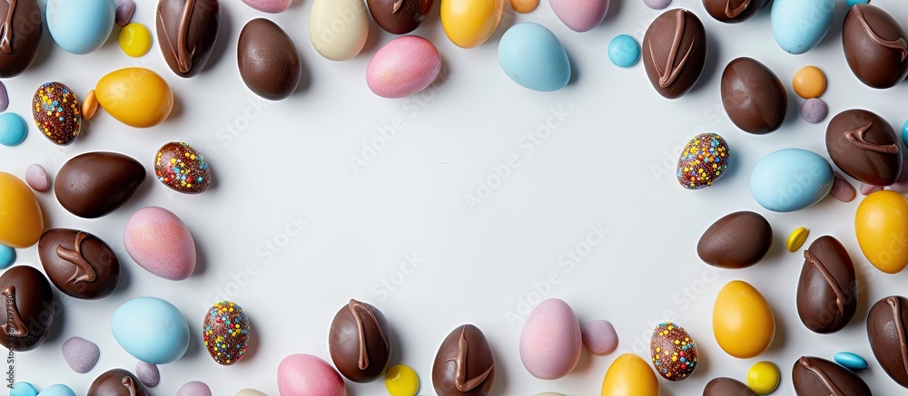 Leinwandbilder a colorful easter frame made of chocolate eggs on a white background the top view showcases a copy s