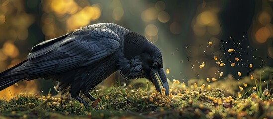 Gray raven with corn sticks in the beak set against a grassy ground Ideal copy space image for a wild bird savoring golden treats