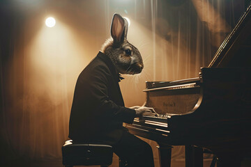 Created with generative AI image of rabbit animal playing piano on stage